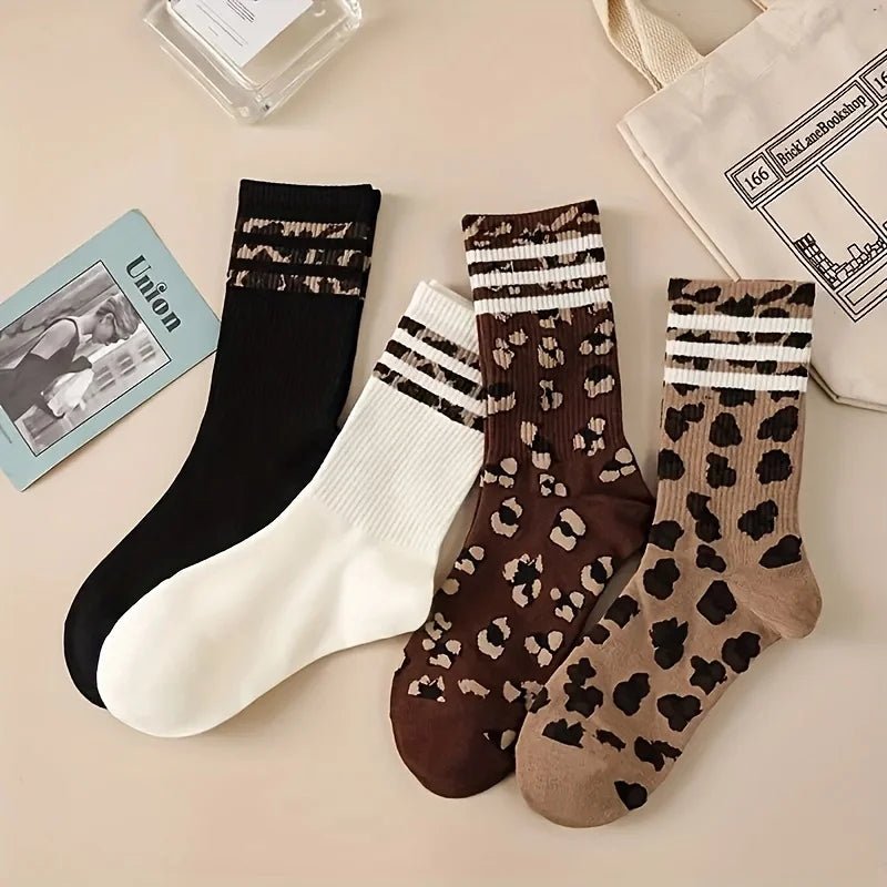 4 Pairs Women's Striped & Leopard Print Socks - Soft Breathable Fashion Mid Tube - lily supply
