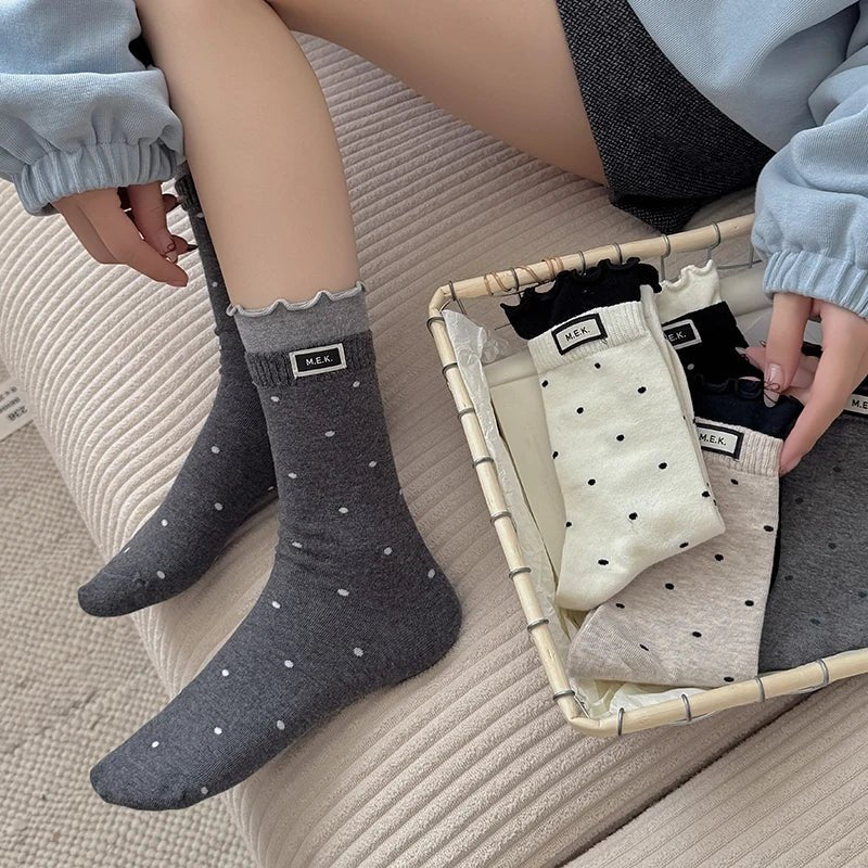 Women's Frilly Dots Preppy Long Cotton Socks – Sweet Knee High Socks - lily supply