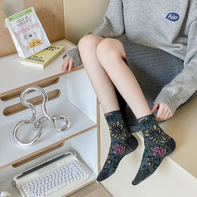 Women's Floral Embossed Harajuku Cotton Long Socks – Textured Knee Socks - lily supply