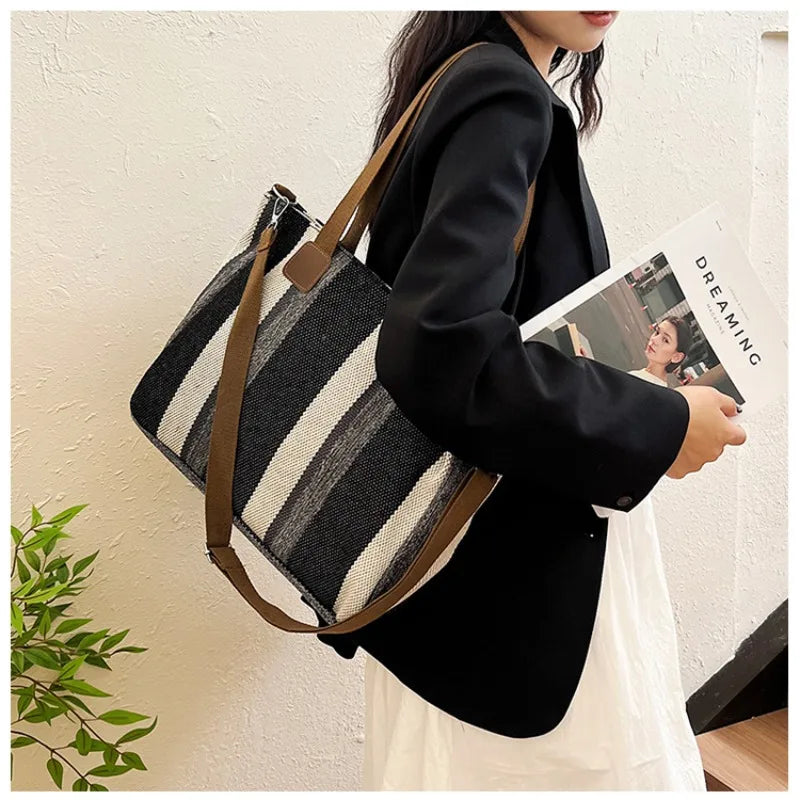 Women's Striped Canvas Crossbody Shoulder Bag - Large Tote 2023