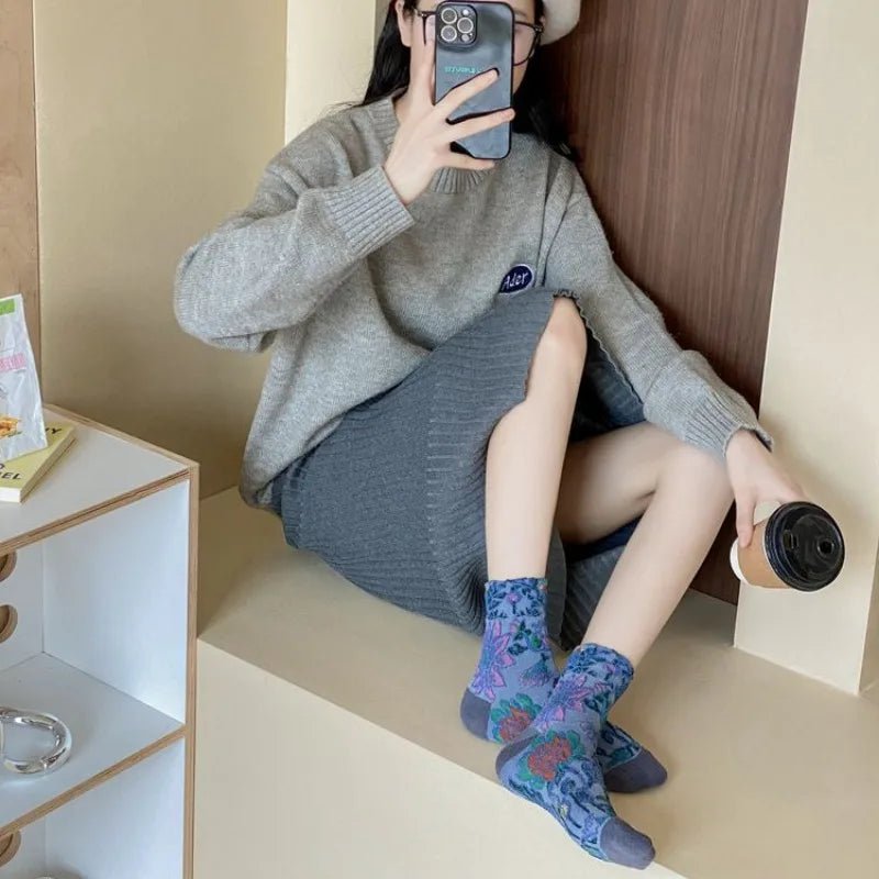 Women's Floral Embossed Harajuku Cotton Long Socks – Textured Knee Socks - lily supply