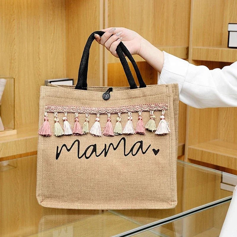 Mama Letter Print Linen Tote Bag - Large Capacity Baby Diaper Shoulder Bag - lily supply