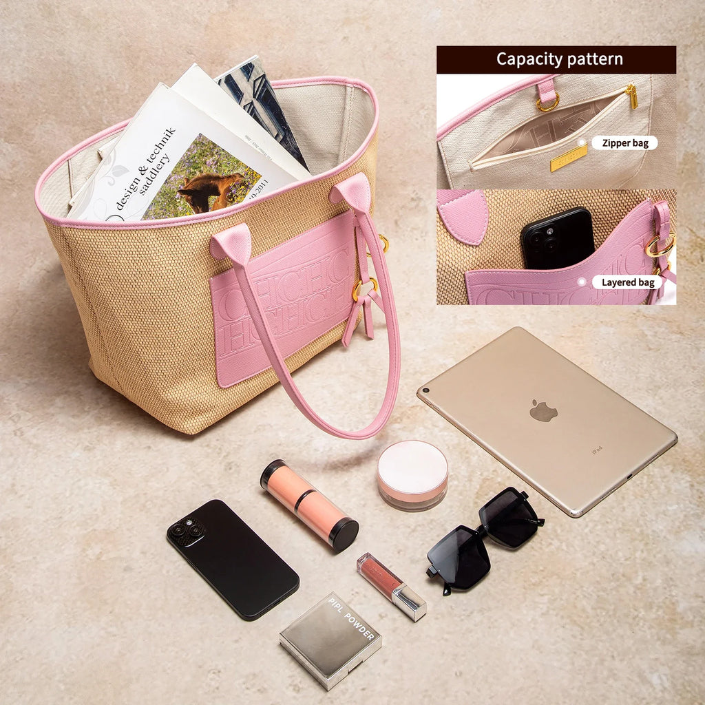 Beach Vacation Women's Tote Bag 2025 New Summer PP Grass Weaving Splicing Design Large Capacity Handbag