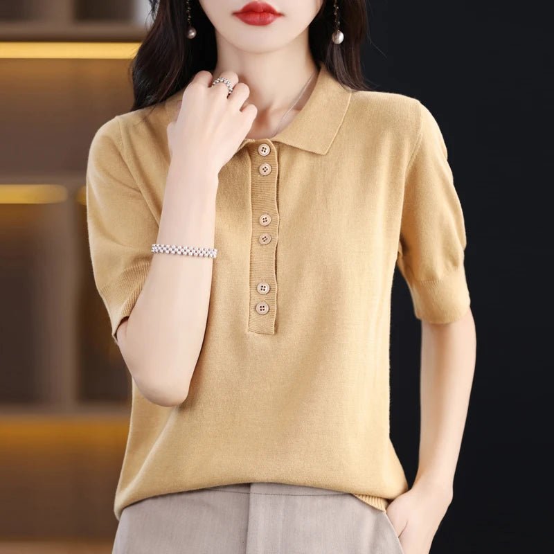 Women's T-shirt Summer 100% Cotton Sweater Short Sleeve Casual Knitwear POLO Collar Ladies' Tops Loose Pullover Tees Buttons - lily supply