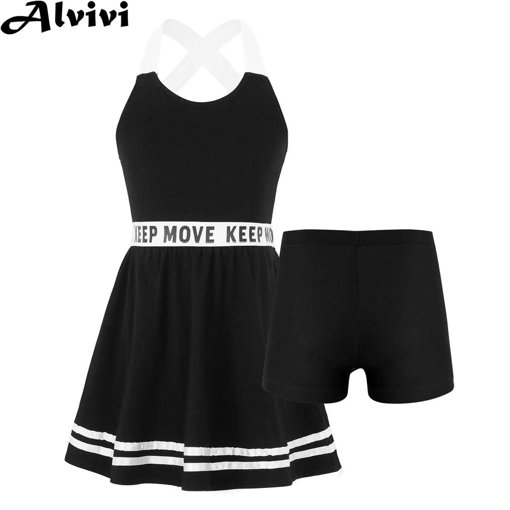 Children Girls Sports Dress Sleeveless Backless Letter Print Dresses with Shorts Set Tracksuit Tennis Gym Workout Sportswear - lily supply