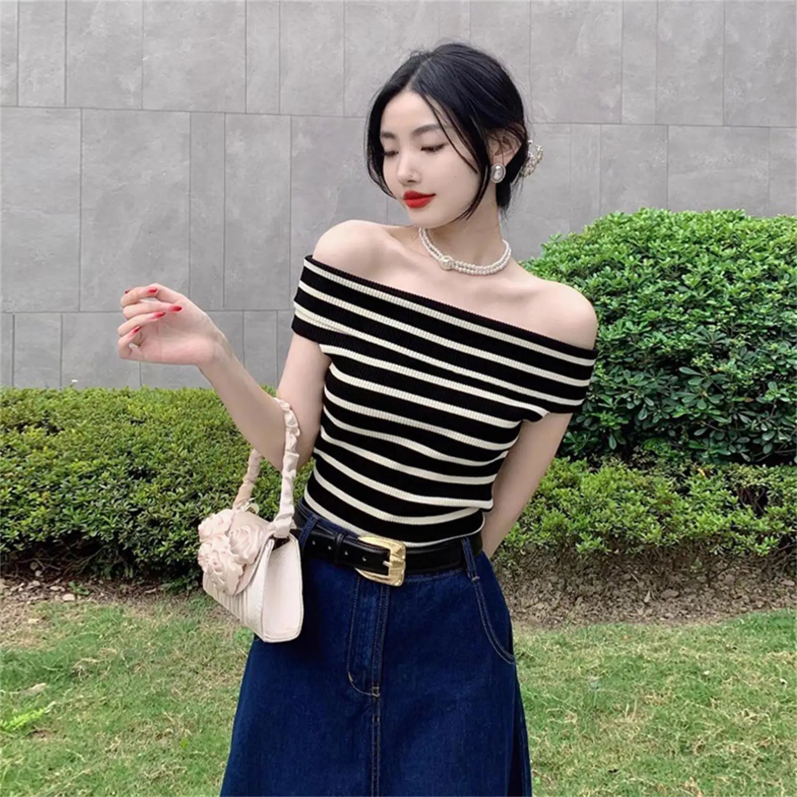 Women's Striped Knitted T-Shirt - Sexy Off Shoulder Short Sleeve Slim
