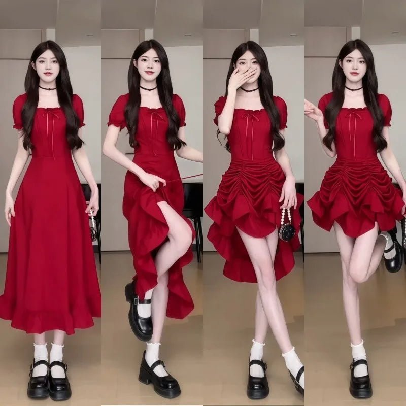Women's Fashion 1 Dress Four Wear Method Lady Graceful Retro Square Collar Short Sleeve Black Dresses 2025 New Dinner Party Gown - lily supply