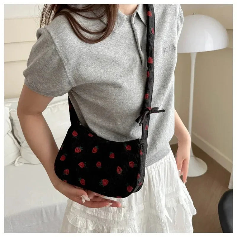Women's Corduroy Strawberry Mini Shoulder Bag - Cute Half Moon Tote