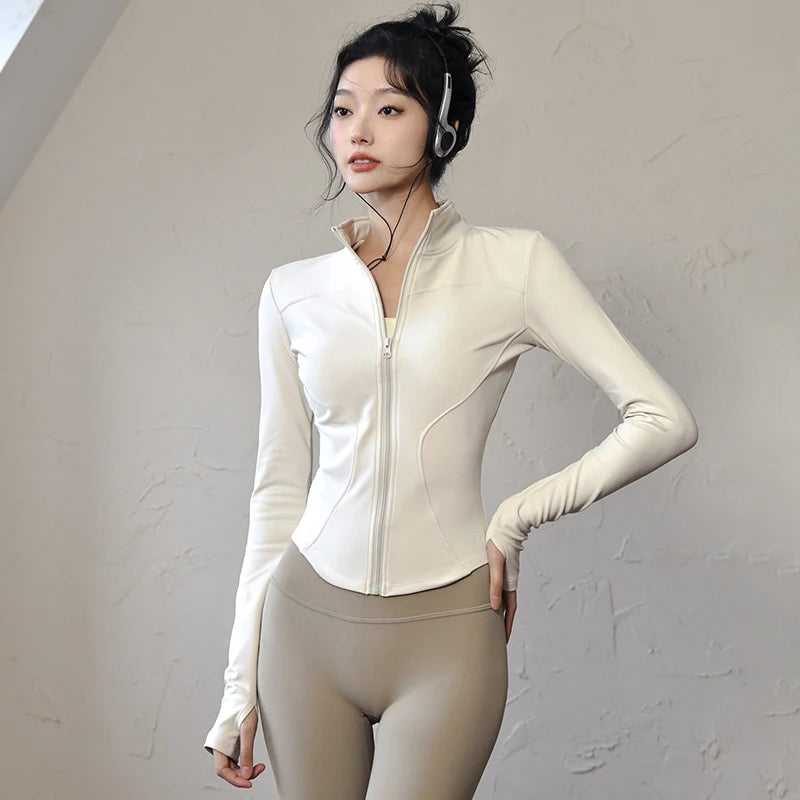 Women's Zip Yoga Running Cycling Jacket - Long Sleeve Gym Activewear Coat