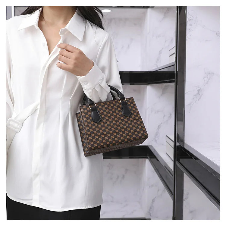 Women's PU Leather Plaid Crossbody Shoulder Bag - Square Top Handle