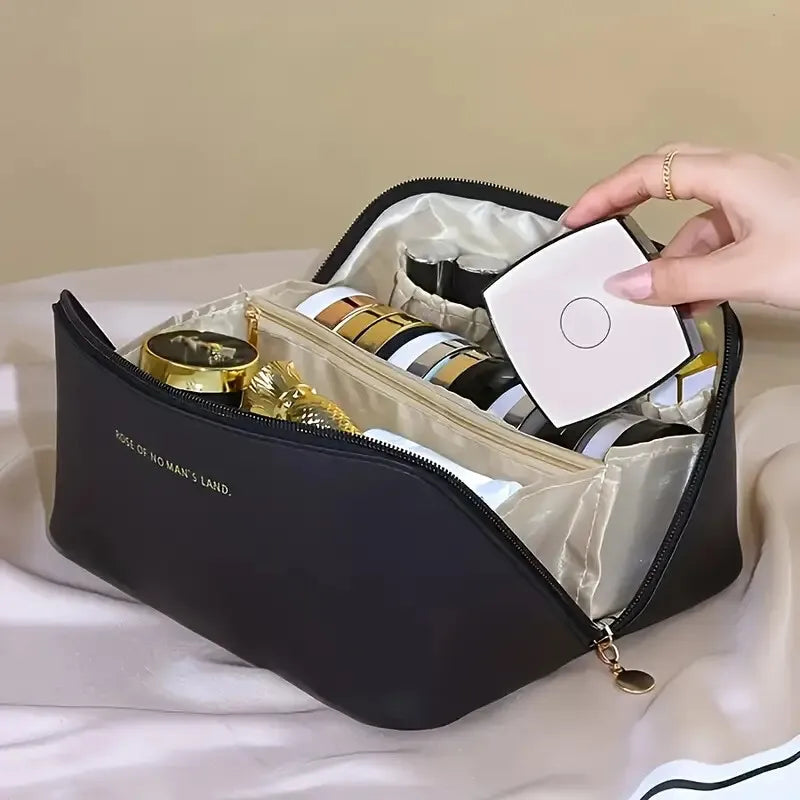 Travel makeup bag, large capacity women's makeup bag, waterproof portable bag open flat wash bag, with divider and handle