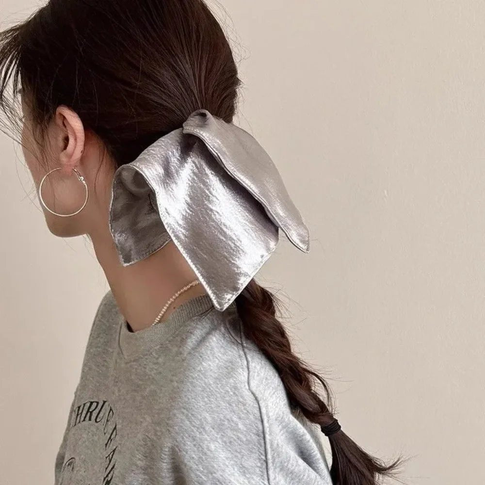 Korean Silver Square Shiny Fabric Scrunchie - Oversized Retro Ponytail - lily supply