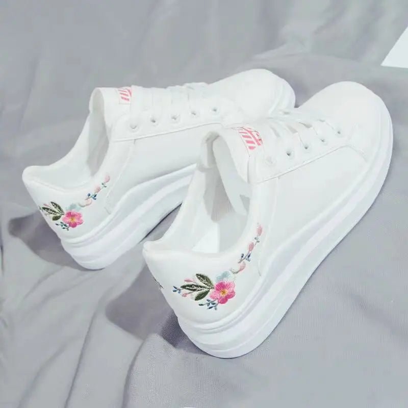 Shoes 2025 Women Running Spring Autumn Fashion White Breathable Embroidered Flower Lace - Up Casual Sneakers Zapatos De Mujer - lily supply