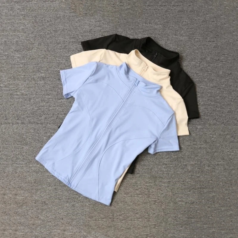 Women's Waist Slimming Yoga Shirt - Full Zip Stand Collar Short Sleeve