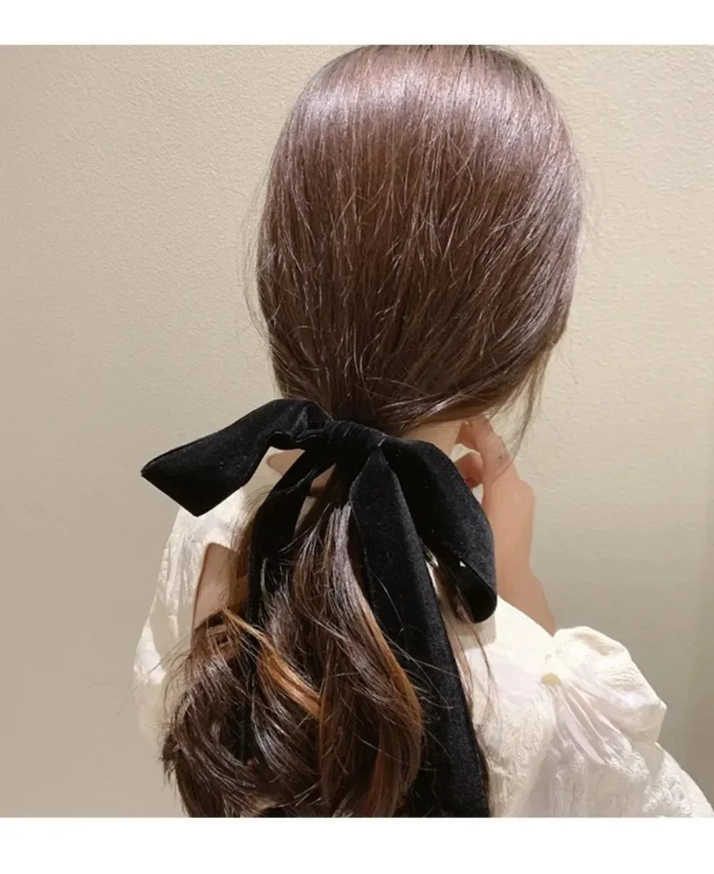 Vintage Black Velvet Bow Ribbon Scrunchie - Long Elastic Hair Tie for Women - lily supply