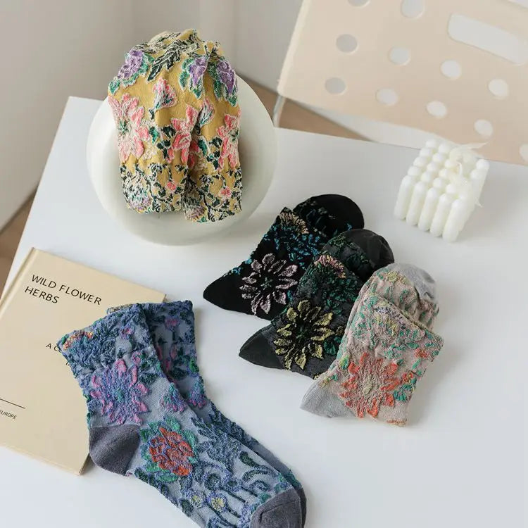 Women's Floral Embossed Harajuku Cotton Long Socks – Textured Knee Socks
