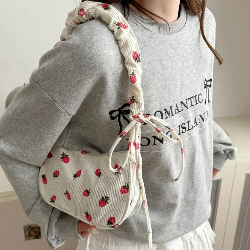 Women's Corduroy Strawberry Mini Shoulder Bag - Cute Half Moon Tote