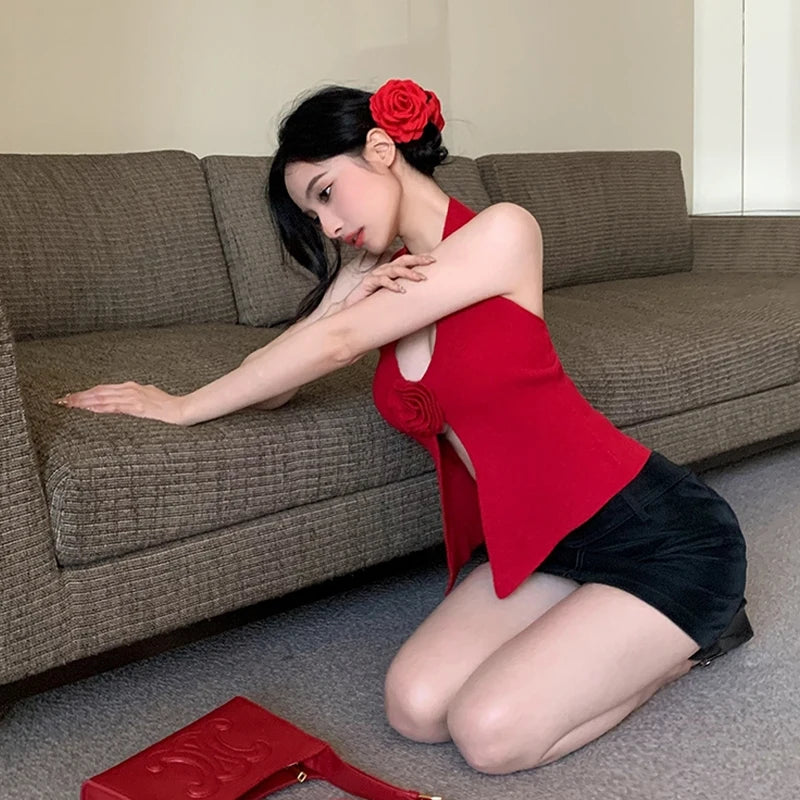Women's Flower Knit Halter V-Neck Camisole