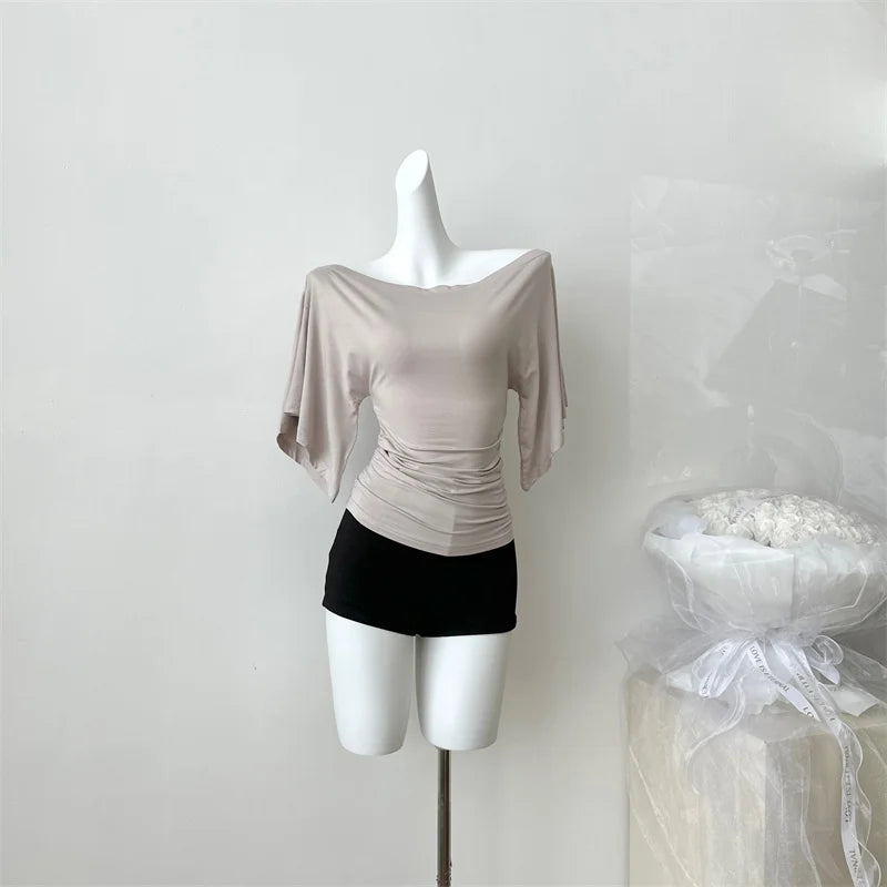 Women's Slash Neck Flare Sleeve Pleated Top