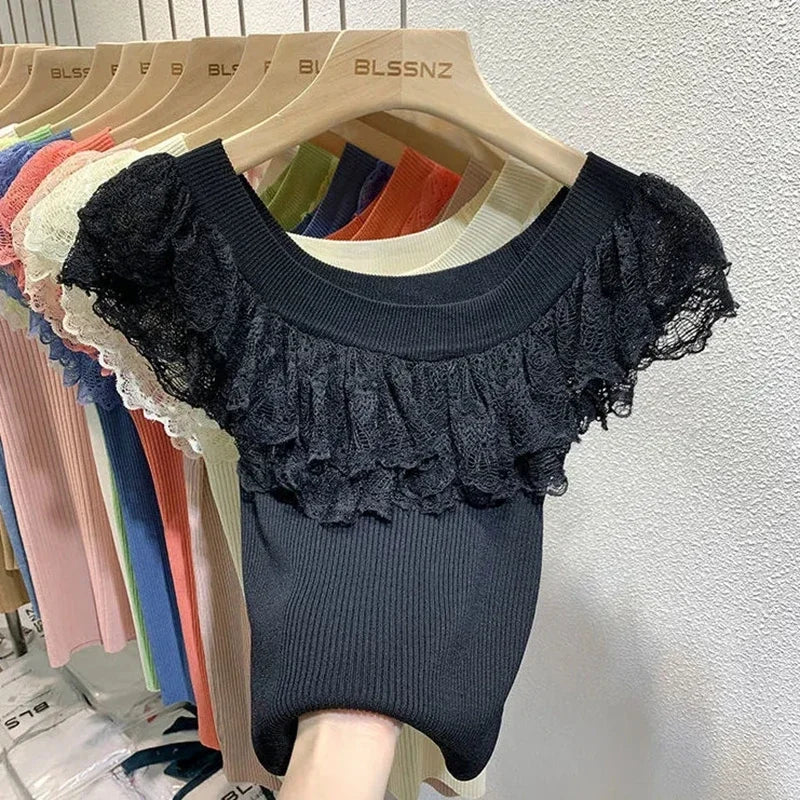 Women's Casual Lace T-Shirt Korean Fashion