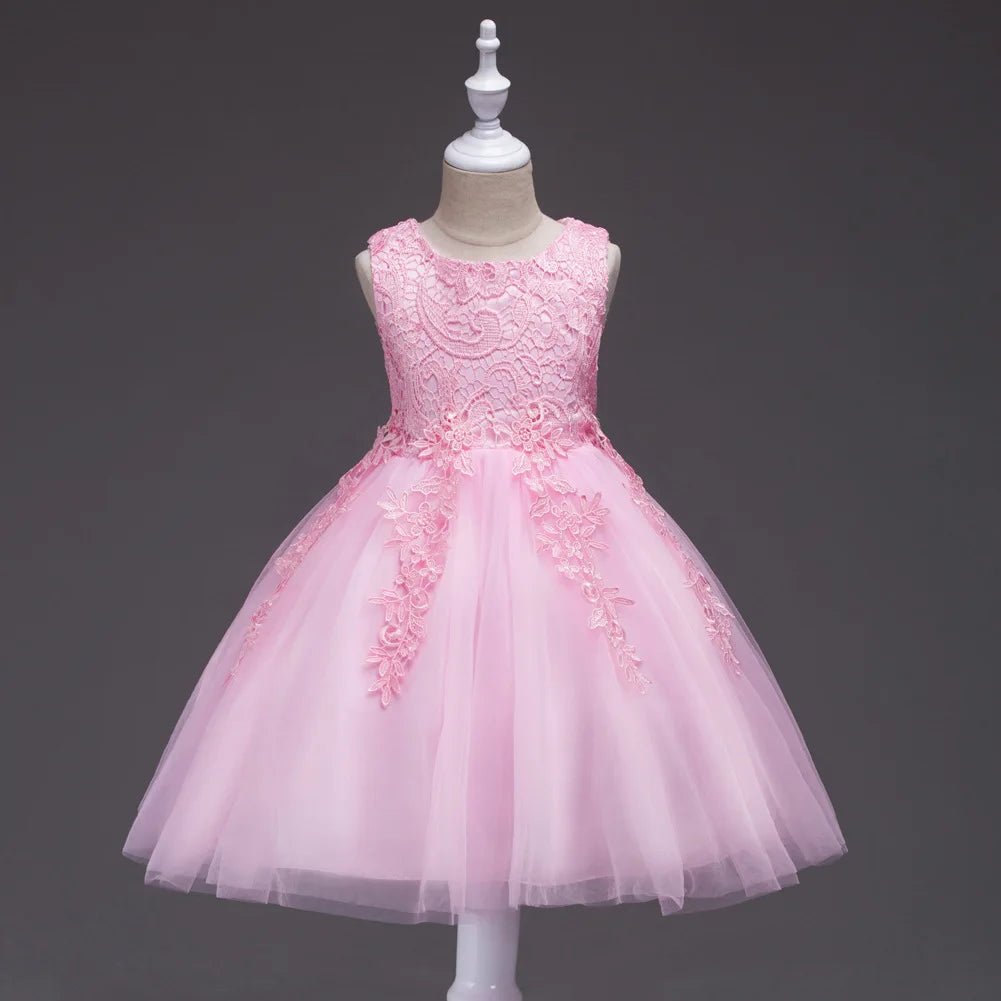 Girls Princess Lace Embroidery Puffy Dress | Flower Girl Ball Gown for Parties Ages 3 - 10Y - lily supply
