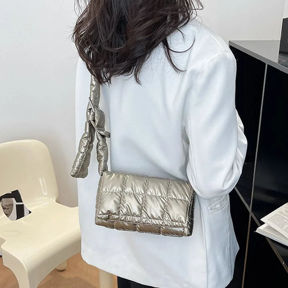 Fashion Quilted Padded Tote Bag - Warm Down Cotton Plaid Shoulder Bag