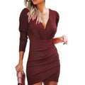 Women's Sexy Mini Dresses Spring Autumn V - Neck Long Sleeved Slim Dress Solid Color Pleated Party Dress Vestidos Cortos - lily supply