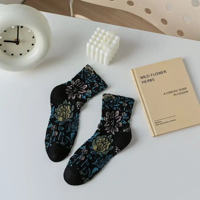 Women's Floral Embossed Harajuku Cotton Long Socks – Textured Knee Socks - lily supply