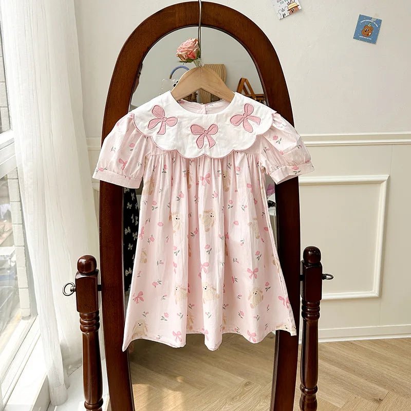 Girls Bow Embroidered Princess Dress | Cartoon Print Short Sleeve Summer Dress 1 - 8Y - lily supply