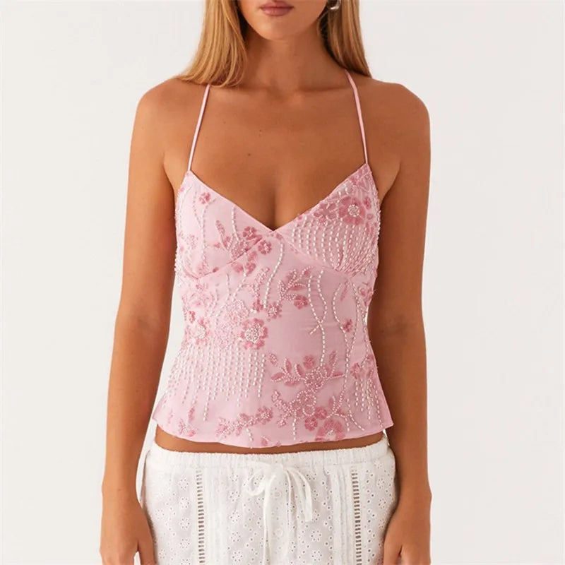 Women's Y2K Sequin Pearl Halter Crop Top