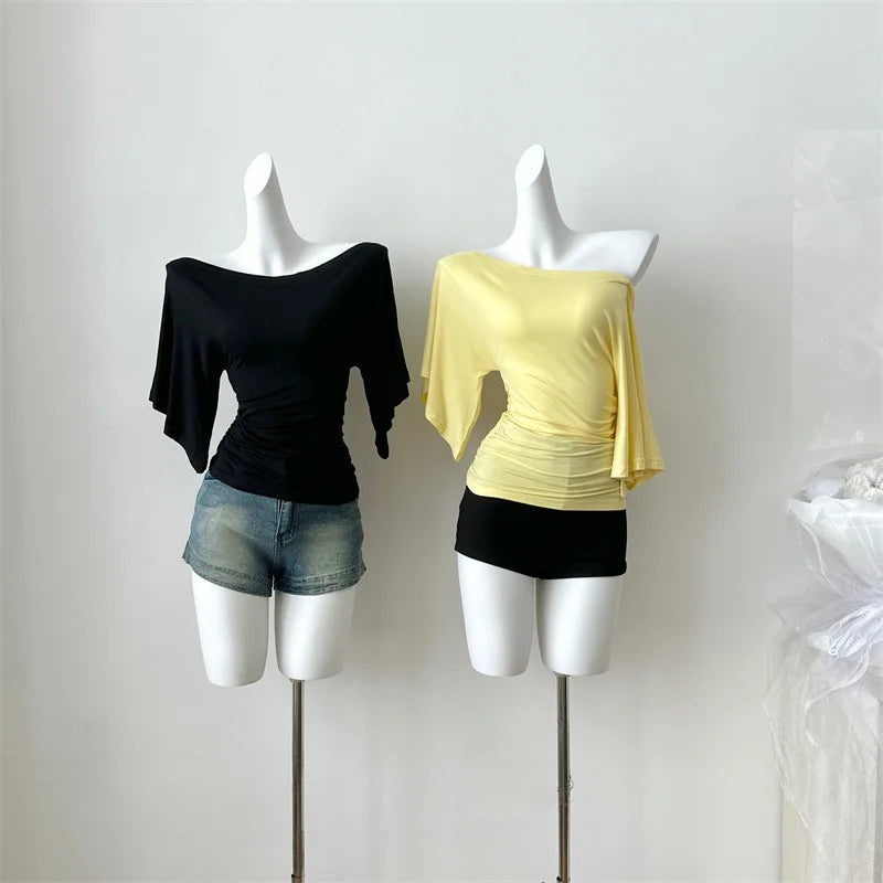 Women's Slash Neck Flare Sleeve Pleated Top