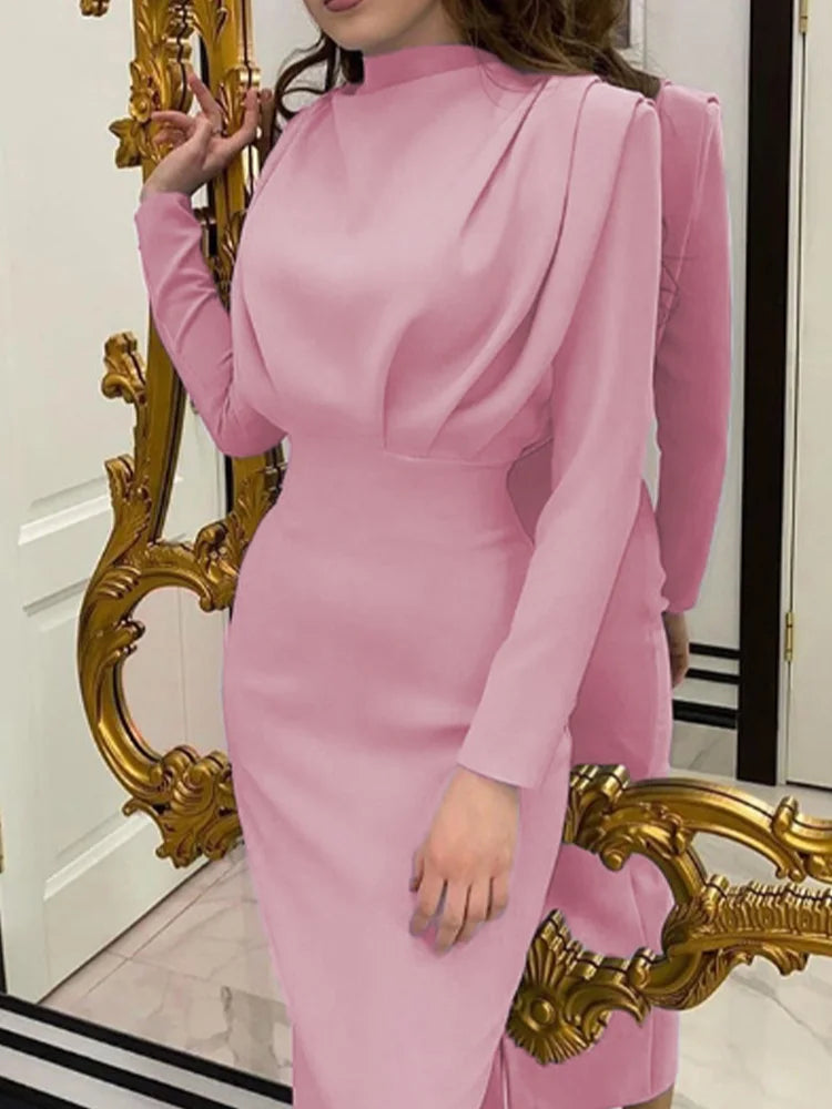 Women's Pleated Long Sleeve High Waist Dress