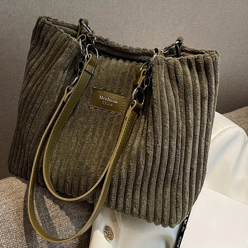 Women's Corduroy Plush Tote Bag - Large Capacity Commuter Travel Shoulder Bag