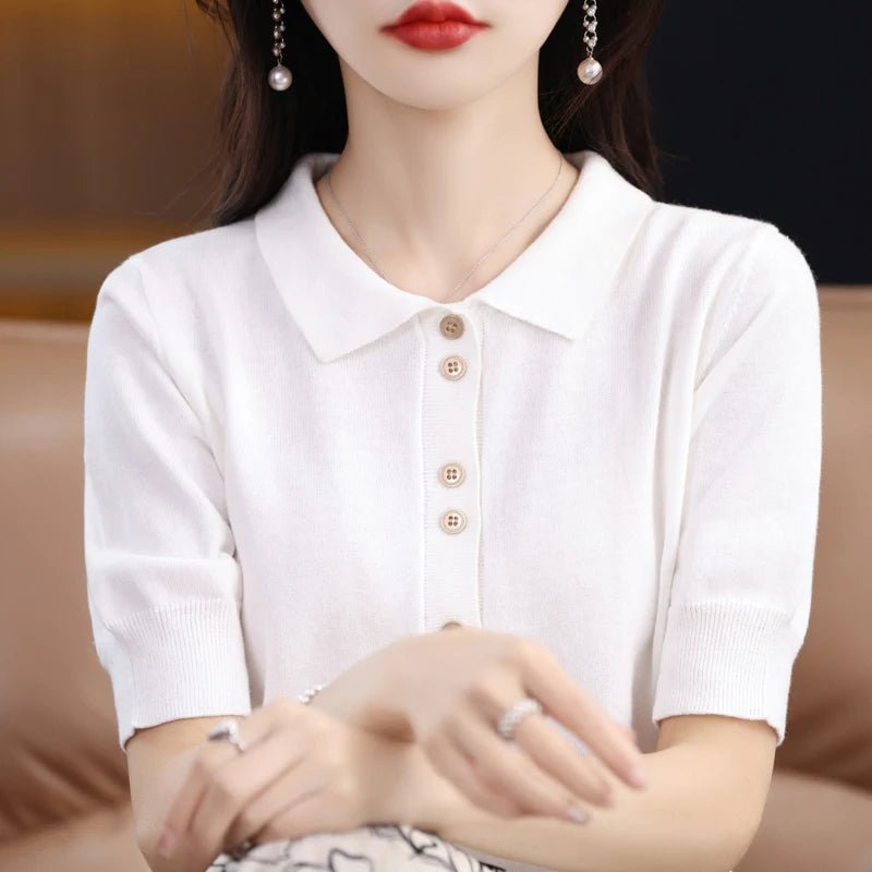 Women's T-shirt Summer 100% Cotton Sweater Short Sleeve Casual Knitwear POLO Collar Ladies' Tops Loose Pullover Tees Buttons - lily supply