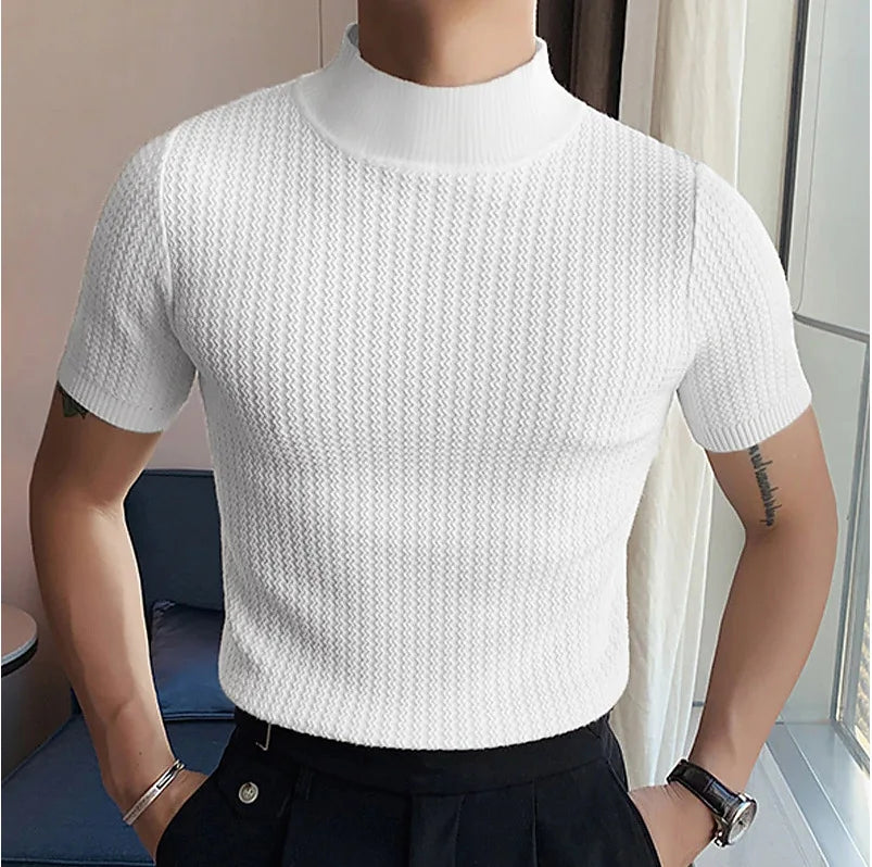 Men's High Neck Knitted Water Ripple T-Shirt
