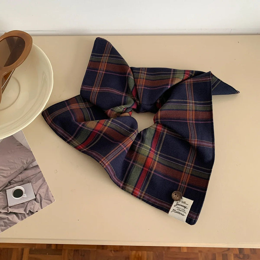 Plaid Scarf Scrunchie - British Collegiate Button Hair Tie for Low Ponytails - lily supply