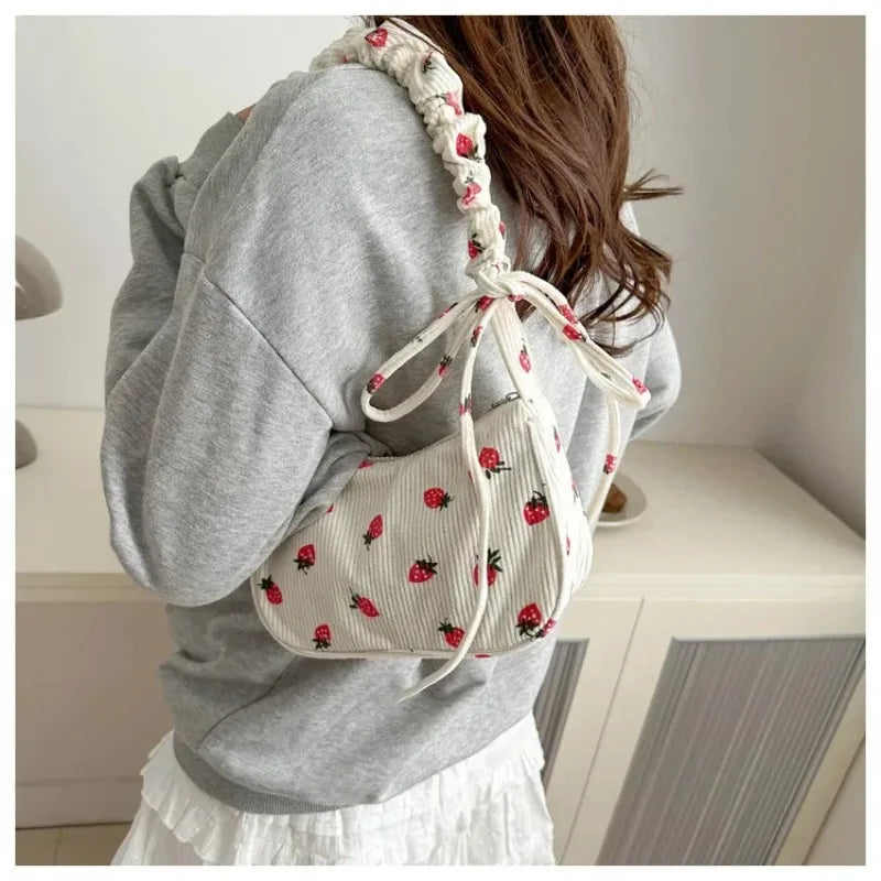 Women's Corduroy Strawberry Mini Shoulder Bag - Cute Half Moon Tote