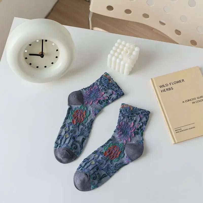 Women's Floral Embossed Harajuku Cotton Long Socks – Textured Knee Socks - lily supply