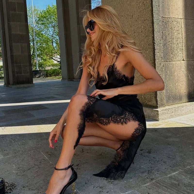 MUJER 2025 Lace Slip Dress Woman Black Backless Short Dresses for Women Asymmetric Party Women's Summer Dress Satin Sexy Dresses - lily supply