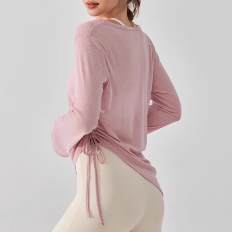 Women's yoga sports T-shirt, drawstring light thin sports loose hip covering irregular fitness long sleeved cover shirt - lily supply