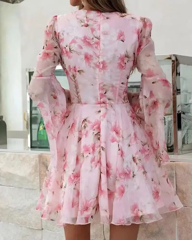 Women's Floral Bell Sleeve Plunge Dress - Sexy V-Neck Party