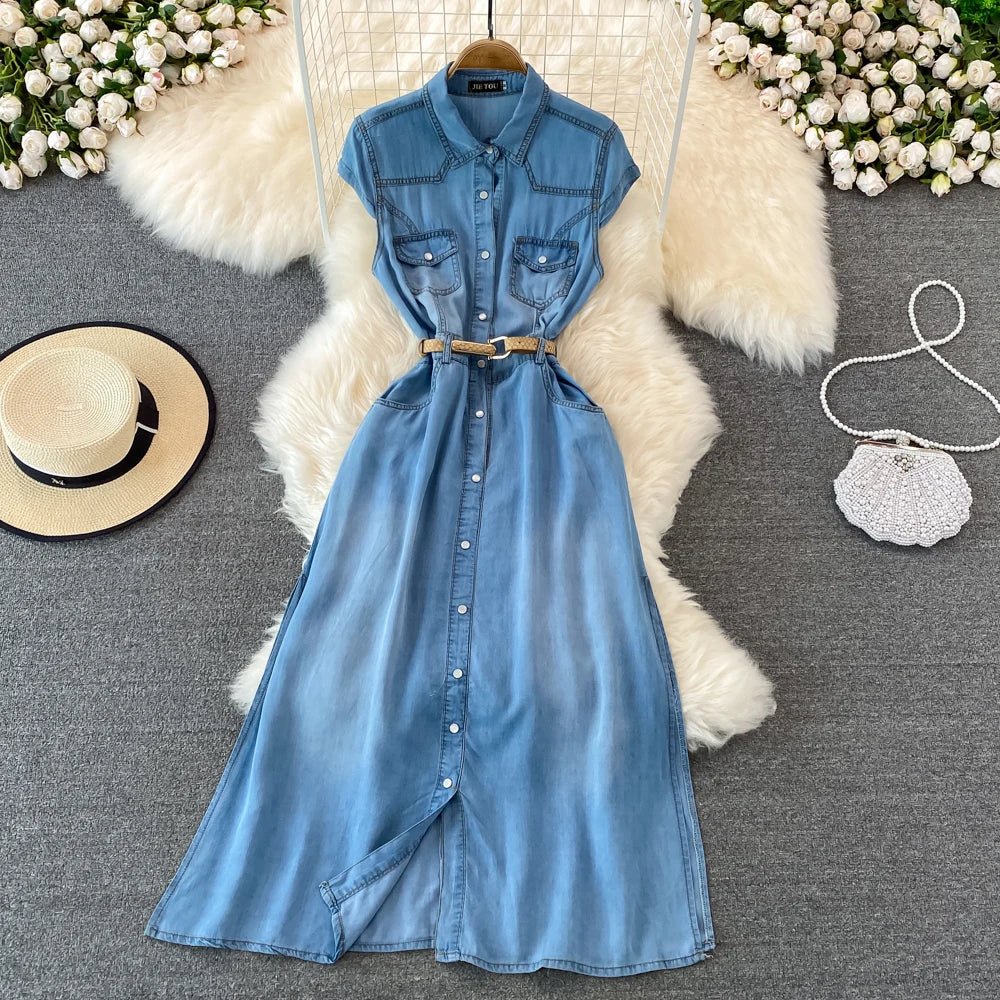 Denim Dress Women Vintage Dresses Turn Down Collar Single Breasted Washed Pockets Tight Waist Vestidos Streetwear 2025 A Line - lily supply