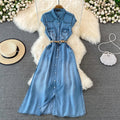 Denim Dress Women Vintage Dresses Turn Down Collar Single Breasted Washed Pockets Tight Waist Vestidos Streetwear 2025 A Line - lily supply