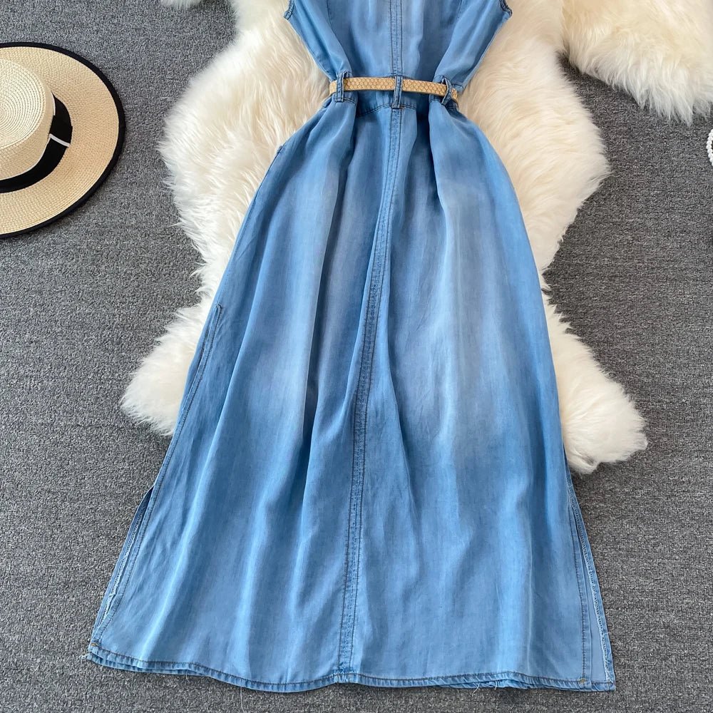 Denim Dress Women Vintage Dresses Turn Down Collar Single Breasted Washed Pockets Tight Waist Vestidos Streetwear 2025 A Line - lily supply