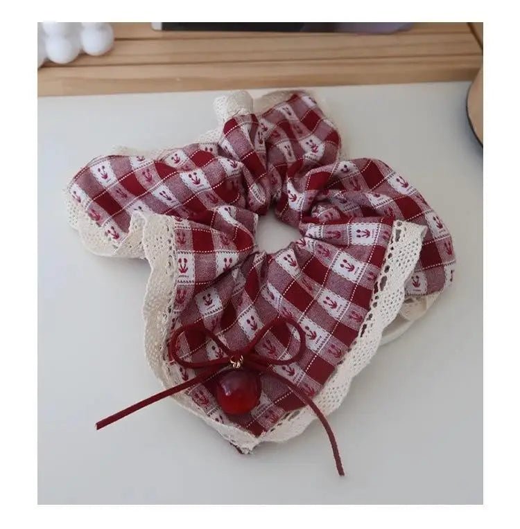 Red Check Cherry Lace Scrunchie - Sweet Square Scarf Hair Rope - lily supply