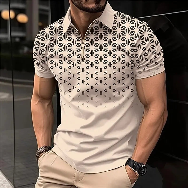 Men's 3D Print Striped Polo T-Shirt