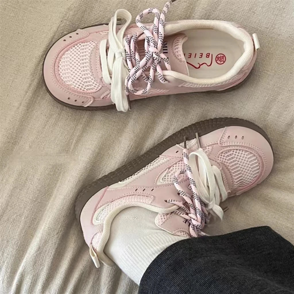 Women's Versatile Summer Sporty Breathable Mesh Slip - On Sneakers Trendy Cross - Tie Color - Block Flat Round - Toe Rubber - Soled Shoes - lily supply