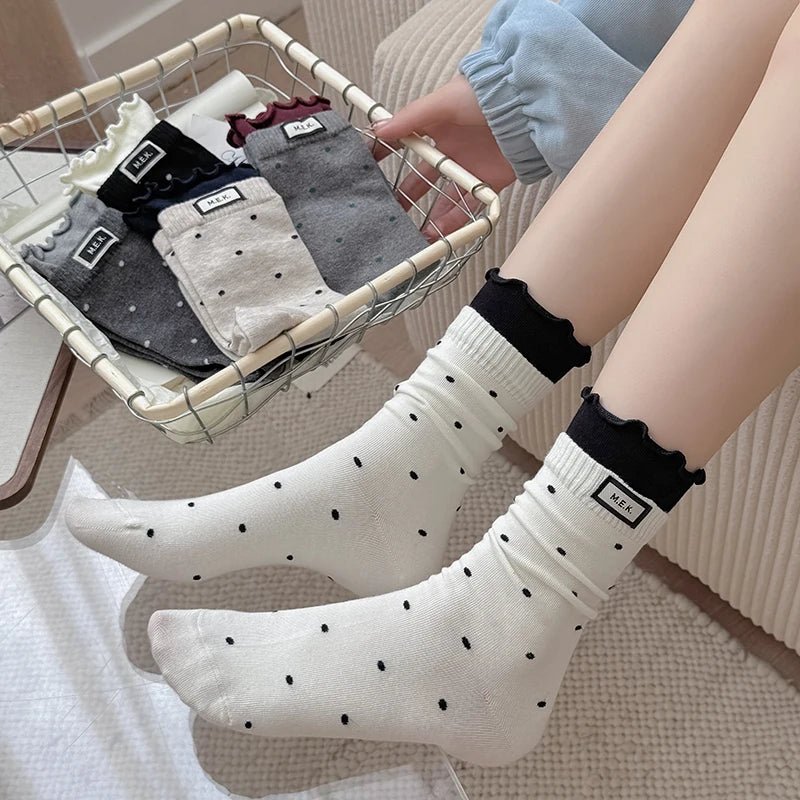 Women's Frilly Dots Preppy Long Cotton Socks – Sweet Knee High Socks - lily supply