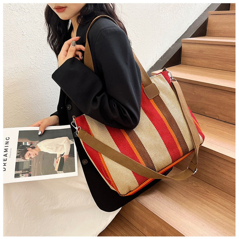 Women's Striped Canvas Crossbody Shoulder Bag - Large Tote 2023