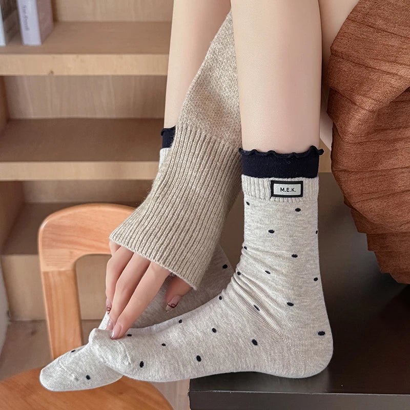 Women's Frilly Dots Preppy Long Cotton Socks – Sweet Knee High Socks - lily supply